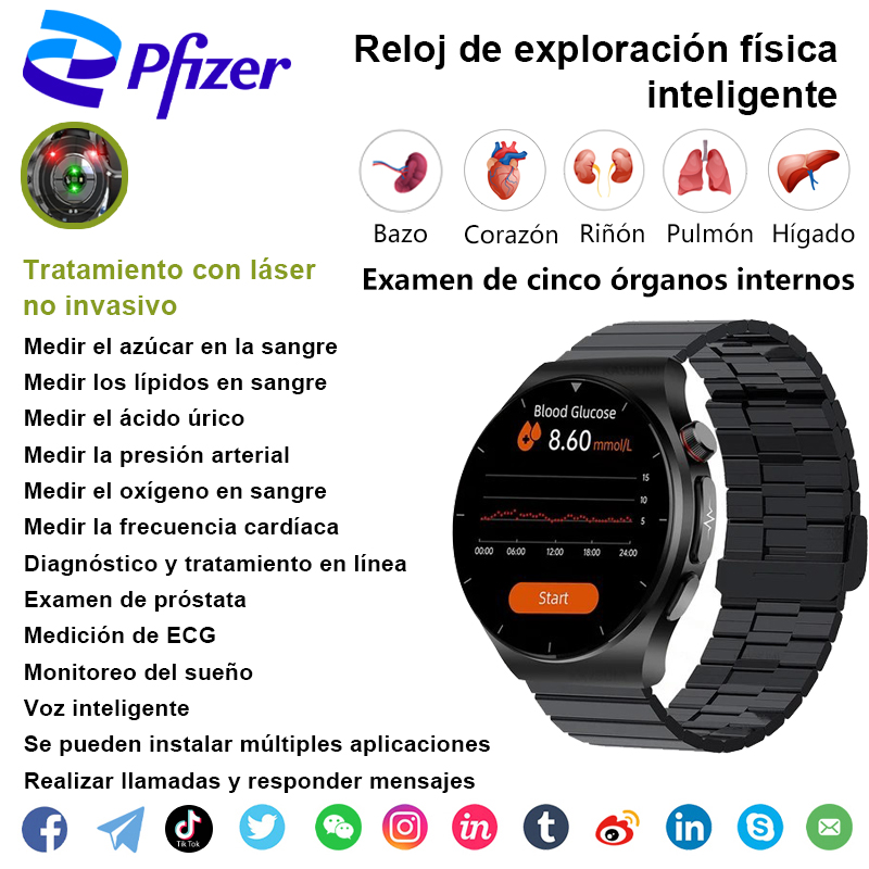 Reloj de examen físico inteligente【medición no invasiva de azúcar en sangre + medición de lípidos en sangre + medición de ácido úrico + medición de presión arterial + medición de oxígeno en sangre + medición de frecuencia cardíaca + monitorización del sueño + realización de llamadas y respuesta de mensajes + medición de electrocardiograma + voz inteligente + puede instalar múltiples aplicaciones + tratamiento con láser no invasivo + diagnóstico y tratamiento en línea + examen de próstata + examen de cinco órganos internos (corazón, hígado, riñón, bazo, pulmón)】